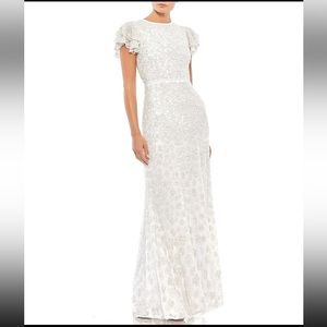 MacDougall beaded flutter sleeve crew neck sheath gown